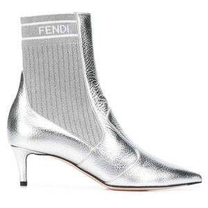 Fendi Rockoko Silver Scuba Stretch FF Logo Knit Sock Ankle Kitten Heel Boot 37.5